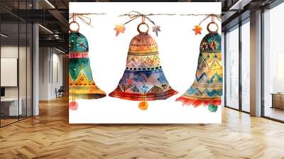 Boho Christmas bell with tribal patterns, watercolor illustration isolated on white background Wall mural