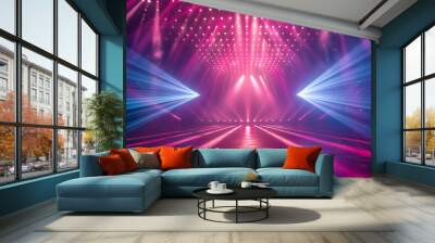 Circular light beams converging on a central point, neon colors Wall mural