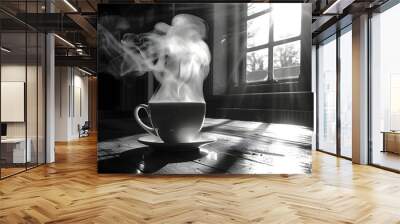 First sip of coffee with steam rising, Monday morning Wall mural