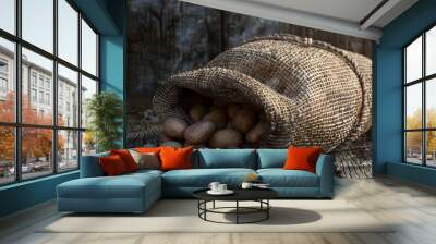 Organic potato sack, spilling onto rustic floor Wall mural