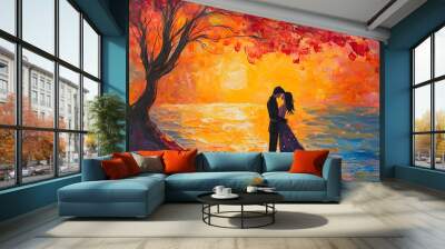 Silhouette of elegant lady in flowing red dress, standing on beach at sunset, with ocean waves and sky filled with golden light Wall mural