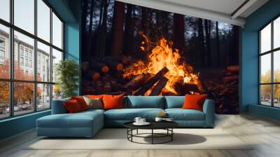 camp fire in the woods, fire, campfire, woods, burning pile of wood, fire, woods fire, night fire, bonfire Wall mural