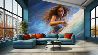 Girl surfing a wave in maui, hippie girl, alternative, fun, sport woman, wave surfing, ocean Wall mural