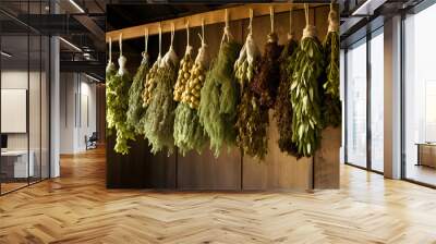 herbs hanging up to dry, herbs, greens, farm, natural, cooking herbs, tea herbs Wall mural