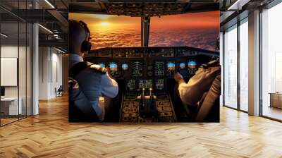 Two pilots flying a plane, aircraft, plane, flying, cockpit Wall mural