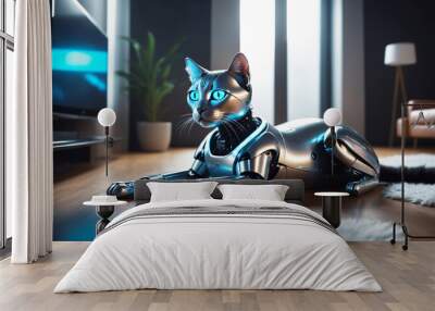 A sleek robotic cat with holographic fur lounging in a high-tech home. Wall mural