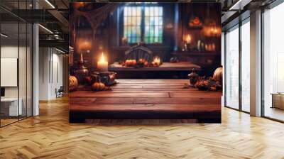 The empty black wooden table top with blur background of halloween season. For product display ,Empty dark wood table top with blurred bright Thanksgiving background. AI generated Wall mural