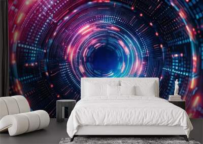 Abstract digital background with a futuristic glowing circular tunnel and binary code pattern Wall mural