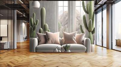 Modern interior design of the living room with two pastel pink sofas, a wooden coffee table and a green cactus in a pot near a window on a gray wall background.  Wall mural