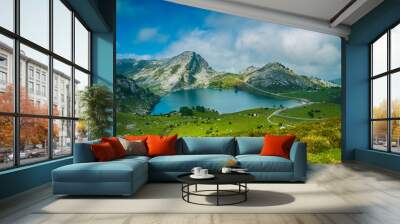 Lake Enol. The Lakes of Covadonga are composed of two glacial lakes located on the region of Asturias.  Picos de Europa range. Picos de Europa National Park. Asturias, Spain Wall mural