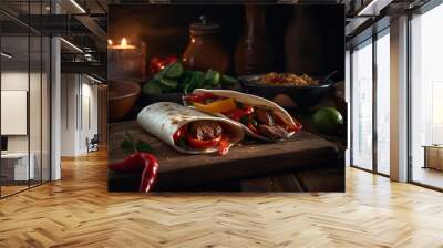 Pork fajitas with onions and colored pepper served with tortill in the wood plate in Mexico, in professional background generative AI. Wall mural