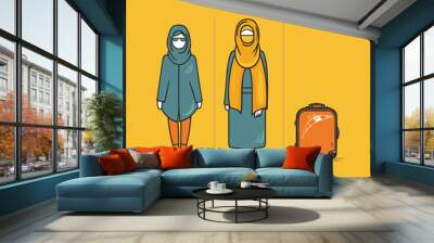 illustration of hijab woman with a travel bag Wall mural