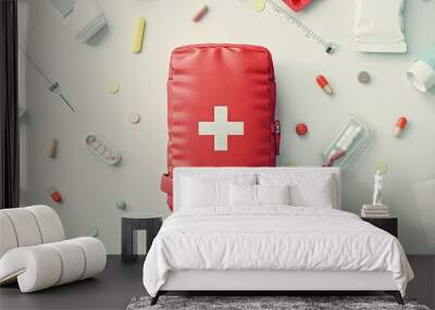 Red First Aid Kit Surrounded by Medical Supplies Wall mural