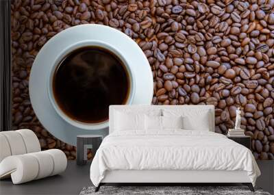 Americano hot coffee in a white cup with coffee beans background Wall mural