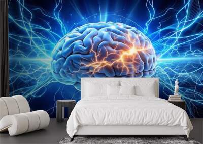 human brain electrical activity on blue background Wall mural