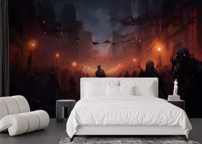 zombie crowd walking at night,halloween Wall mural