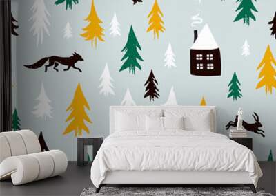 Hand-drawn forest silhouettes seamless pattern with cabin and animals:elk, fox, hare, owl Wall mural