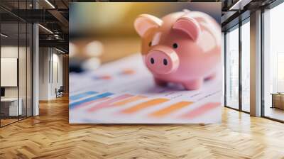 a piggy bank sitting on a table with financial graphs depicting savings Wall mural