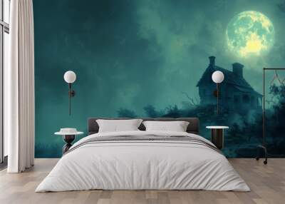 halloween night scene haunted house at the top of a hill with a large full moon and fog Wall mural