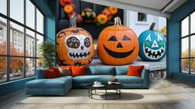 painted halloween pumpkins sitting on display on the top step of a house Wall mural