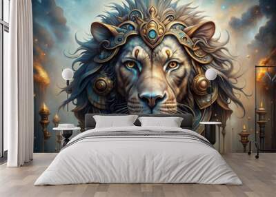 Steampunk lion in damask style Wall mural