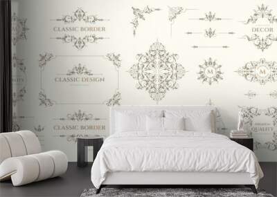 Set of decorative title borders, frames, corners and monograms. Graphic design page. Ornamental pattern. Wall mural