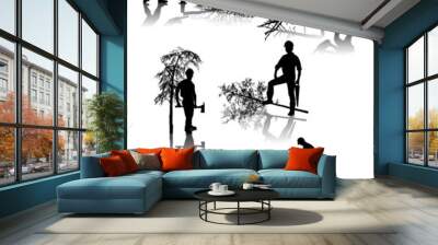 isolated forestry workers with different tools Wall mural