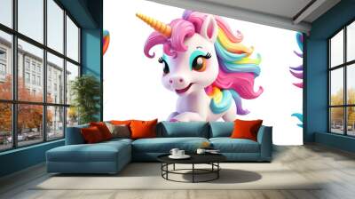 3D illustration of a happy unicorn on a rocking horse, with a very colorful mane. Concept of happiness, recklessness. 3D render character cartoon style Isolated on transparent background Wall mural