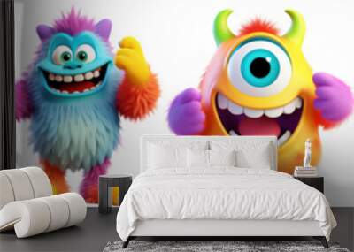 Colorful furry and cute monster dancing and waving 3D render character cartoon style Isolated on transparent background Wall mural