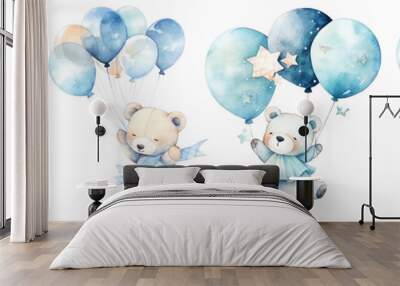 Light blue cute teddy bear floating in the air with balloons. Baby Boy Newborn or baptism invitation. children's book illustration style on transparent background Wall mural