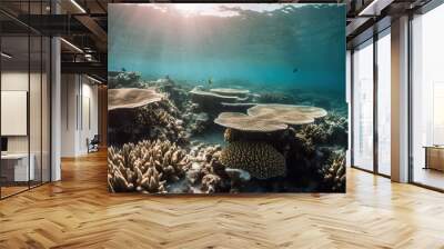 Underwater view of a tropical coral reef. tropical underwater landscape. Generative AI Wall mural