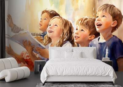 Watercolor illustration of a choir of children sing hymns to God in church Wall mural