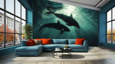 Two Dolphins Silhouetted in Underwater Sunbeams Wall mural