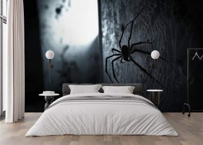 A 3D spider weaves a web in the corner of a dark room. What does this image suggest about the intricacies of fear and entrapment Wall mural