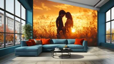 This image features a romantic and intimate moment between two people, likely a couple, standing close together in a field. Wall mural