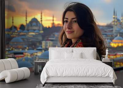 A female tourist stands in awe at the sweeping view of Istanbul, the city where East meets West Wall mural