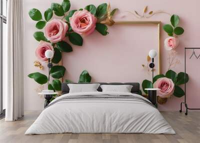 A luxurious photo frame made of soft pink roses and green leaves, with a gold border and elements Wall mural