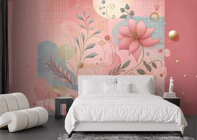 A pastel pink background with organic shapes, floral accents, and a grid overlay Wall mural