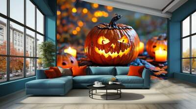 Candlelit pumpkins, miniature ghost, child's jack-o'-lantern create spooky scene. Wall mural