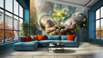 Hands using technology of renewable resources to reduce pollution and carbon emission. Wall mural