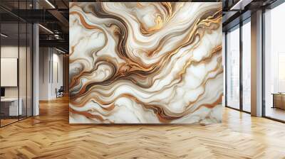 Marble texture with flowing golden and brown veins on a creamy white background. Wall mural