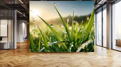 This image captures the refreshing simplicity of dew drops adorning grass blades, emphasizing nature's artistry and the power of the smallest details. Wall mural