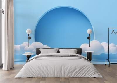 3d render blue background with white clouds flying in front of circle shape. Minimal scene empty, blank for mockup product display with copy space for text Wall mural