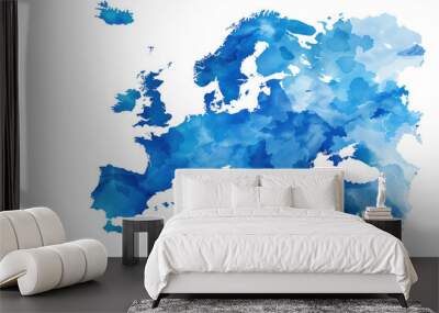 An abstract blue watercolor map of europe illustration made by paint splashes isolated on white background. Wall mural