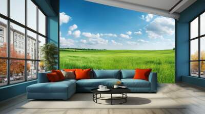 Beautiful panoramic natural landscape of meadow with grass and blue sky in spring, Green field, generative ai Wall mural