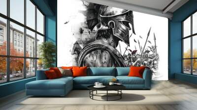 Black and white drawing of a spartan warrior on battlefield. Ancient greek soldier pencil sketch, illustration. Wall mural