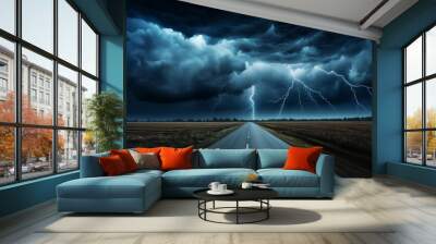 Empty asphalt road towards dramatic dark cloudy and stormy sky.Storm clouds and distant lightning strikes over the road,  Wall mural