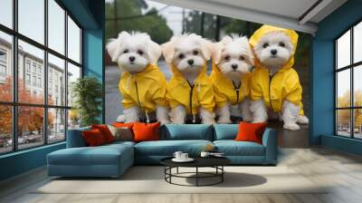 Four maltese puppies in yellow slickers, maltese dogs, Cute adorable Maltese dogs in yellow rain jacket Wall mural