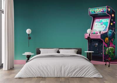 Front shot of a classic retro gaming arcade machine on green background with copy space for text Wall mural