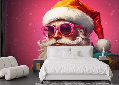 Funky santa claus wearing glasses on pastel background, copy space for text, cartoon pop art style xmas greeting card design Wall mural